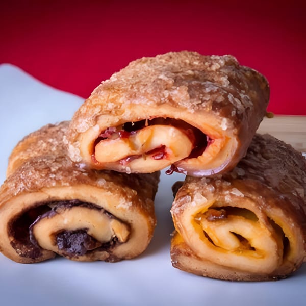Three House of Bagels pastries with fruit fillings and sugar topping on a white surface.