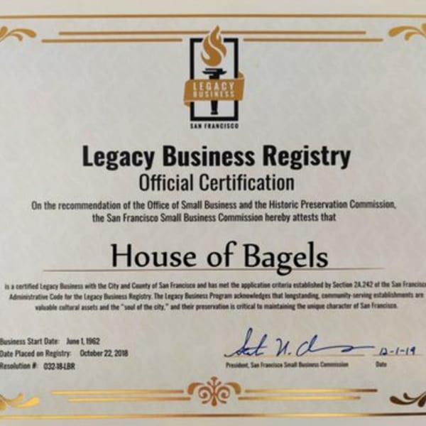 House of Bagels' Legacy Business Registry Official Certification from San Francisco.