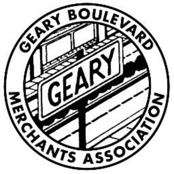 Black and white logo for Geary Boulevard Merchants Association with a street sign.