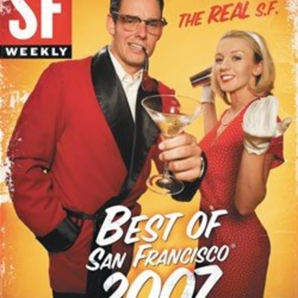 Man in red smoking jacket with martini and woman in red dress with microphone, "Best of San Francisco 2007".