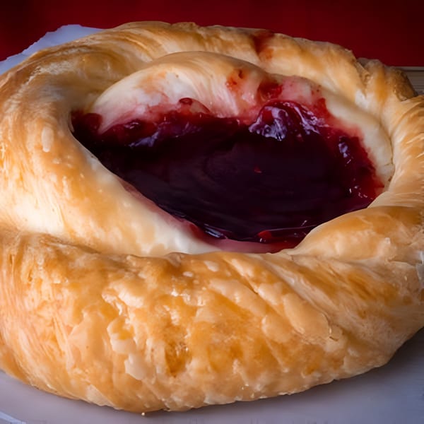 A golden-brown pastry with a vibrant red fruit filling, likely a cherry or berry Danish.