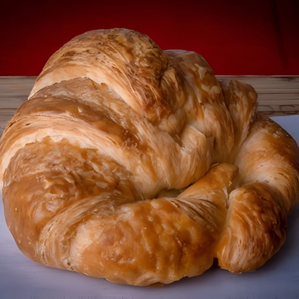 Golden-brown croissant with flaky layers on a white surface against a red background.