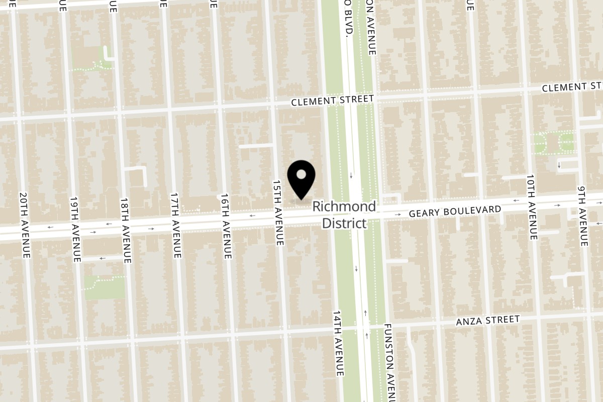 Map showing the location of House of Bagels on 5030 Geary Blvd in San Francisco